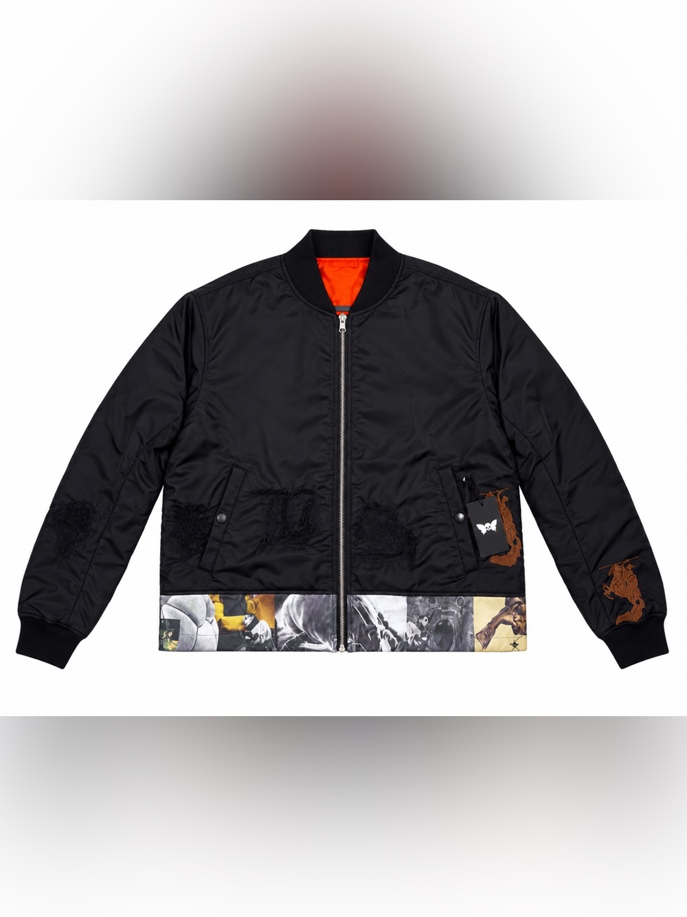 Black Scale Black Bomber Jacket with Orange Lining and Photo-Print Hem